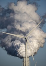 Chimneys, smoke plume of the RWE coal-fired power plant Eemshavencentrale, wind power plant, in the