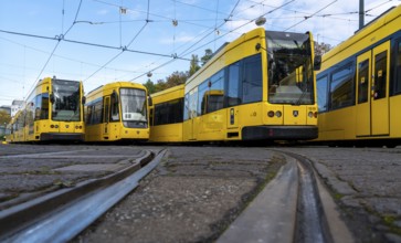 Bus and tram depot of the Ruhrbahn in Essen, all trams remained in the depot, Verdi warning strike