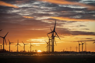 Wind farm near the East Frisian town of Norden, east of the town, sunset, Lower Saxony, Germany,