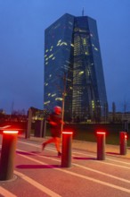 Building of the European Central Bank, ECB, on the Main in Frankfurt, barrier bollards on the banks