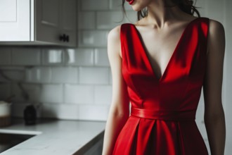 Trad wife concept showing woman in elegant red dress in kitchen. Generative AI, AI generated