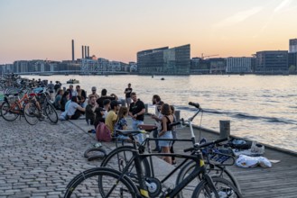 Summer evening in Copenhagen, at the harbour, Islands Brygge, people celebrating, eating, drinking,