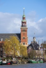 Skyline of the old town, on the Leda, town hall, museum harbour, old town houses, Leer, East