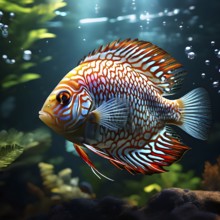 Majestic discus fish gliding serenely dappled sunlight filtering through tranquil surface, AI