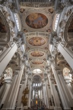 Interior with baroque stucco and ceiling fresco created in the 17th century, Passau Cathedral,