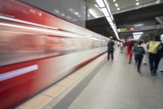 Arriving underground train at station, Nuremberg, Middle Franconia, Bavaria, Germany, Europe