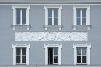 Historic house facade with a frieze, Stadtamhof, Regensburg, Upper Palatinate, Bavaria, Germany,