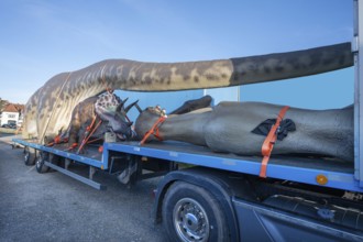 Large dinosaur figure loaded in parts on a heavy goods vehicle, Lauf an der Pegnitz, Middle