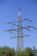 High-voltage pylon on the motorway, baluert Himmel, Baden-Württemberg, Germany, Europe