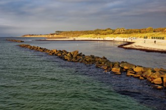 Baltic Sea beach, walkers on the Baltic Sea coast on Wustrow beach in the evening light, evening