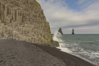 Reynisfjara Beach with Basalt rocks and the rock needles, close to Vik i Myrdal, South Iceland