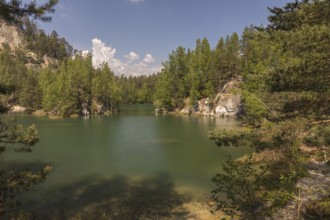 Adršpašské pond, lakeshore with trees and rocks on a sunny day, Dolní Adršpach, 549 57 Adersbach,