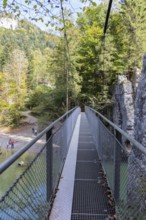 A long suspension bridge that leads through a rocky forest path, surrounded by nature, Klobenstein