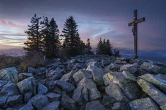 Summit cross on the Lusen (1373m), sunrise, Bavarian Forest National Park, Bavaria, Germany, Europe