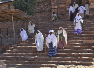 Yeha village, believers leaving the church of Abba Aftse monastery, Abuna Aftse, Ethiopia, Africa