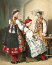 Traditional costumes in Germany around 1820, Bohemia, Pilsen district, woman in elaborate