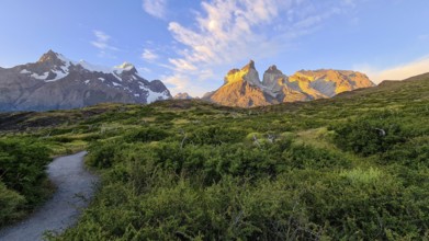 Los Cuernos, the horns, in the evening light, Torres del Paine National Park, Andes, Chile, South