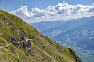 Hiker on the Hafelekar, mountains of the Innsbruck Nordkette, Alpine landscape, Innsbruck, Tyrol,