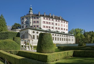 High castle, the Renaissance castle Schloss Ambras with castle park and Venetian fountain,