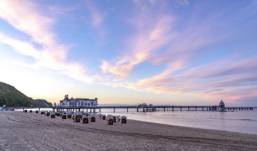 The pier of Sellin, evening mood, sunset, 394 metres long, with restaurant, jetty, beach chairs,