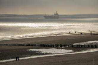 Evening mood at the North Sea beach near Zoutelande, Zeeland, angler, walker, breakwater, cargo