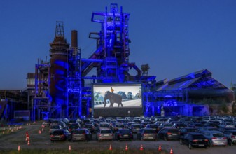 Drive-in cinema Dortmund, against the backdrop of the former blast furnace plant Phönix-West in