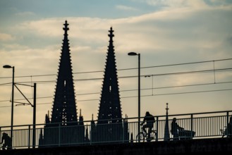 Cycling in the city, cyclist on the Deutzer Bridge in Cologne, Cologne Cathedral, cycle path, North