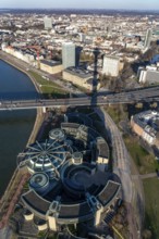 View over the city centre of Düsseldorf, state parliament, Rheinknie bridge over the Rhine, old