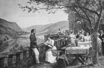 Summer visitors on the terrace of Eberburg Castle, Bad Münster am Stein-Ebernburg,