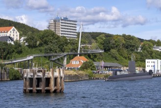 The city harbour of Sassnitz, island of Rügen, submarine museum, suspension bridge connects the old