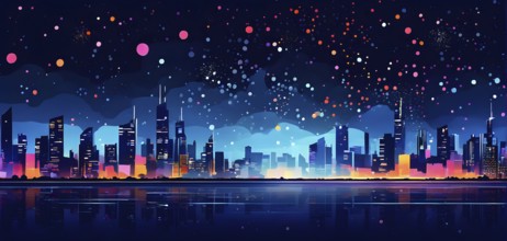 Minimalist, geometric skyline at night, with subtle fireworks in the sky, represented by colorful