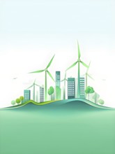 Abstract visual illustration of a city skyline where buildings morph into wind turbines and trees,