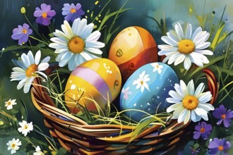 Illustration of of vibrant colored Easter eggs in a wicker basket, surrounded by delicate spring