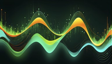 Abstract illustration of digital wave forms and circuits converging to form abstract symbols of