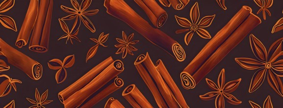 Abstract wallpaper illustration of Christmas spices like cinnamon sticks, star anise, and cloves,