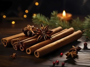 Christmas spices like cinnamon sticks, star anise, and cloves arranged on a wooden table, with soft