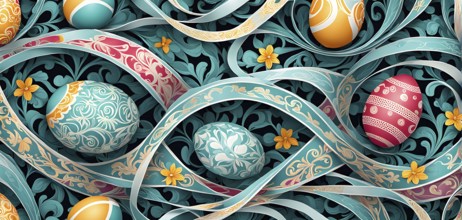 A whimsical abstract pattern with intertwined ribbons, eggs, and floral motifs, with a mix of sharp