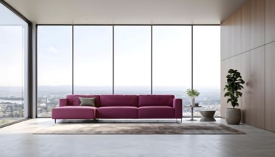 Minimalist living room with clean lines and neutral tones, featuring a modern magenta colored sofa,