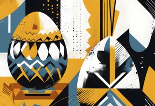 Illustration of an abstract Easter egg design with geometric patterns, bold colors, and a mix of