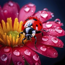 Ladybug crawling on a wet flower petal, with rain droplets, AI generated