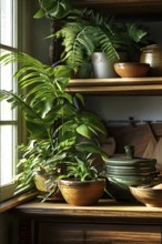 A sunlit kitchen corner, with a rustic wooden shelf holding neatly arranged ceramic bowls and a