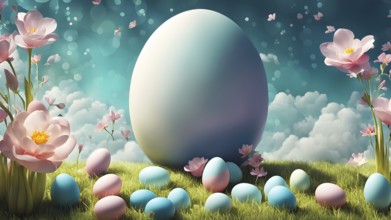 Surreal Easter scene with floating eggs, ribbons, and flowers in a dreamlike, whimsical composition