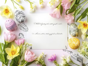 Easter card with delicate hand-drawn illustrations, placed among fresh flowers and decorated eggs,