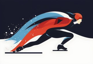 Ice speed skater illustration, depicted as a minimalist silhouette in motion in contrasting vibrant