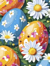 Abstract illustration of of vibrant-colored Easter eggs, surrounded by delicate spring flowers, AI