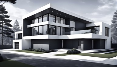 Rendering of a modern real estate residential house in clean geometric forms in black and white, AI