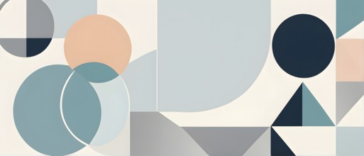 Minimalist composition of overlapping geometric shapes with clean lines and muted soft pastel