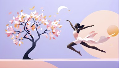 Abstract minimalist spring scene with a single, sharp silhouette of a rhythm gymnastic and of a