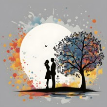 Abstract minimalist spring scene with a single, sharp silhouette of a couple and a blooming tree,