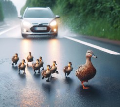 A duck with its chicks walks on a road in front of a car, AI generated, AI generated